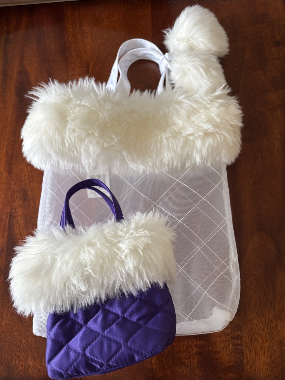 Faux Fur Trimmed Tote & Quilted Mini Bag - Cream & Purple
